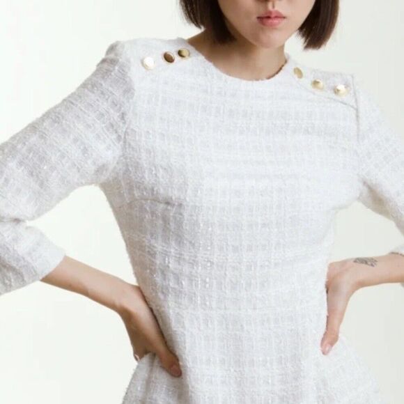 Zara White Tweed Peplum Side Gold Buttons Structured
Mini Dress Sz S fit & flare - Picture 12 of 15